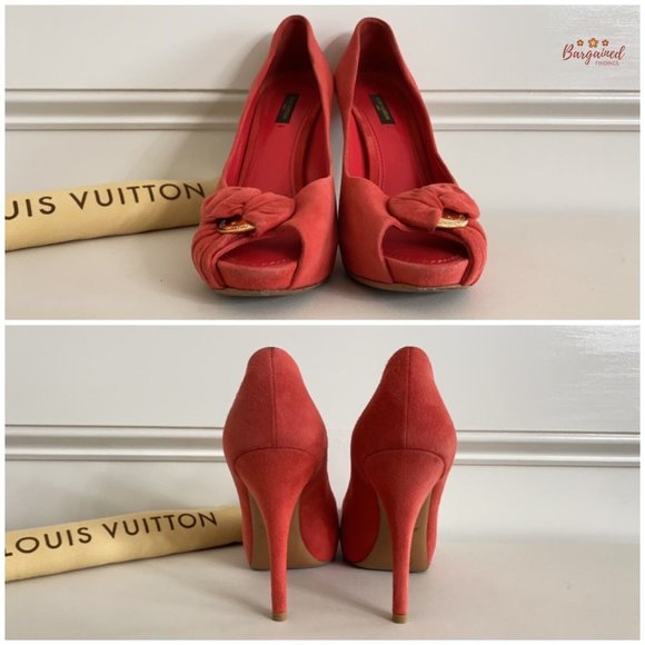 Authentic Louis Vuitton Red Suede Leather Peep Toe Pumps Shoes Sandals Size 39/9 - Picture 6 of 15